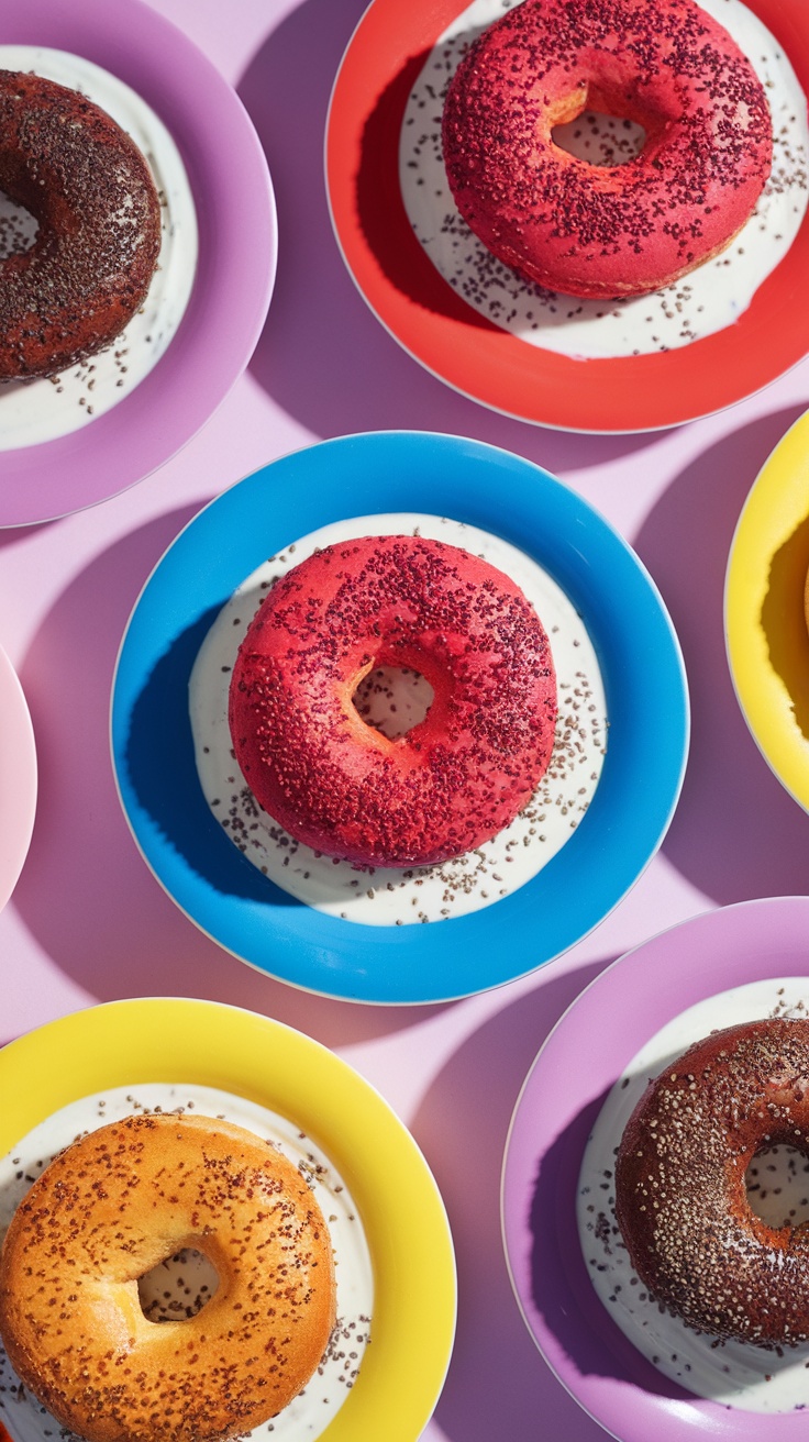 Colorful protein bagels served on plates with yogurt and toppings