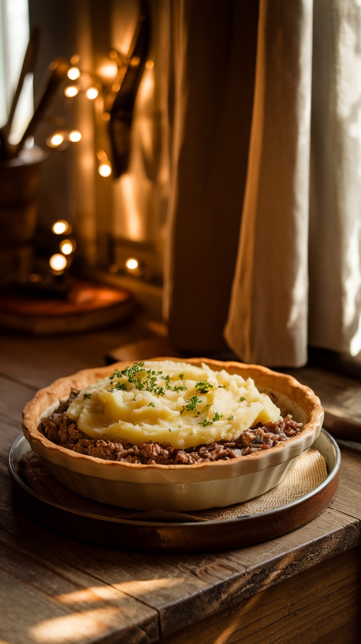 A delicious lamb shepherd's pie with mashed potatoes on top.