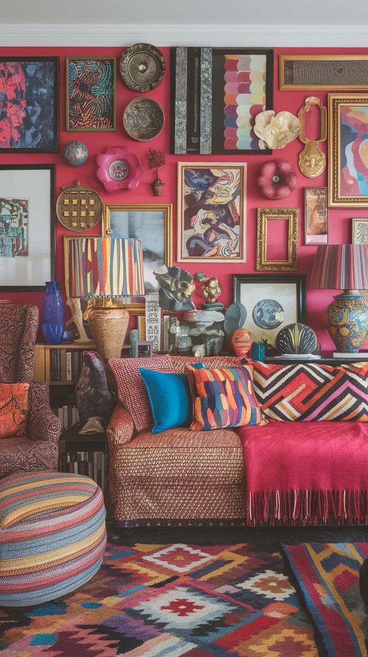 A maximalist living room with a vibrant red wall covered in eclectic artwork, colorful cushions on a patterned sofa, and decorative items scattered throughout.