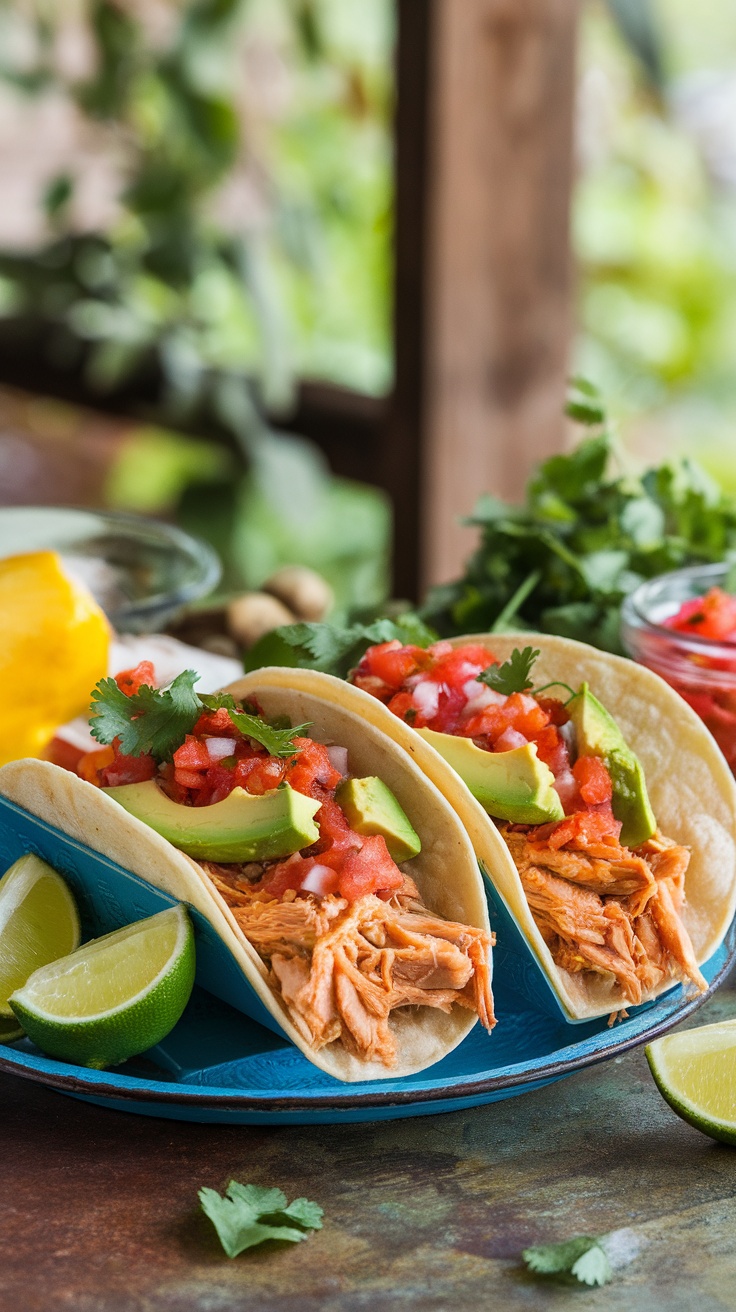 Delicious Mississippi chicken tacos with toppings.