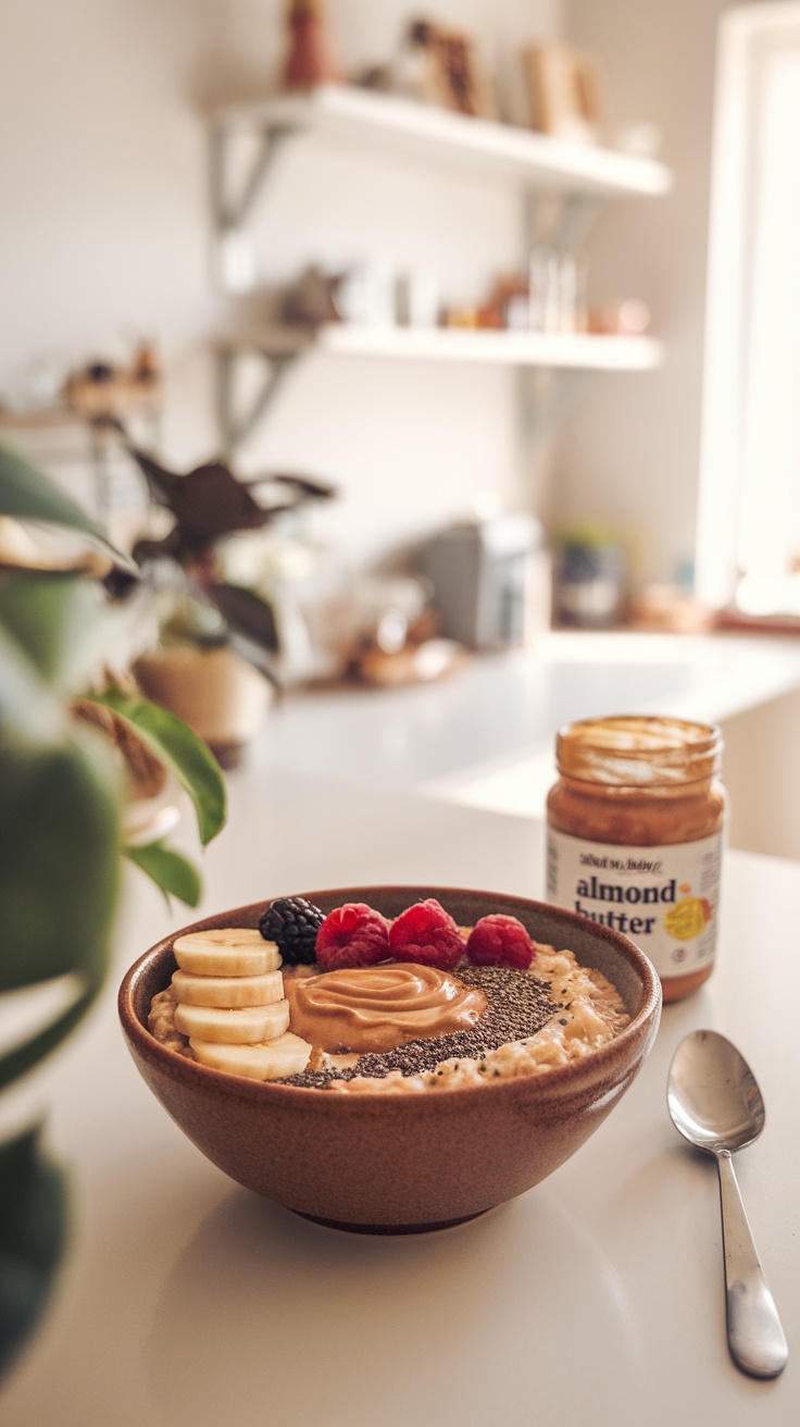 A delicious oatmeal bowl topped with banana, almond butter, and berries.