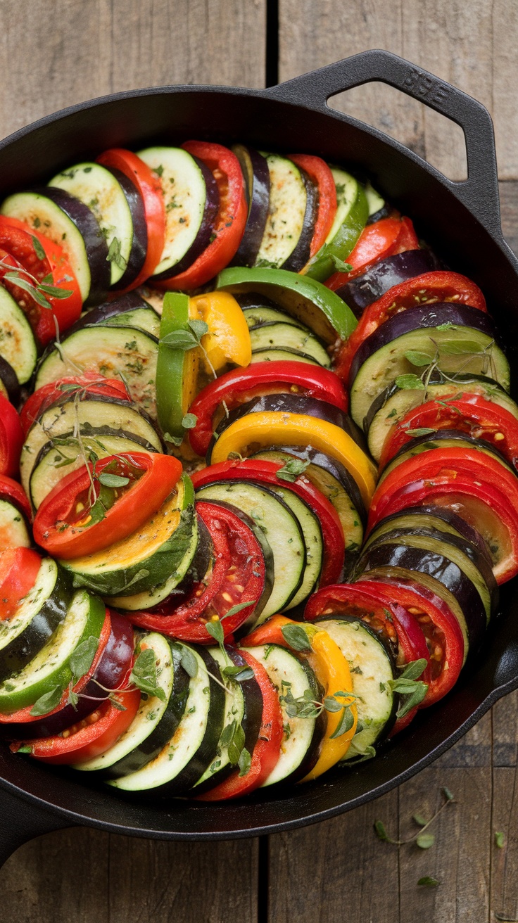 A vibrant one-pan ratatouille with layered vegetables in a skillet.