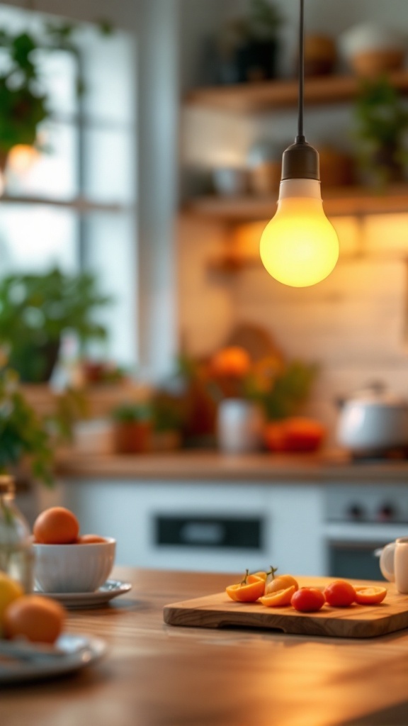 A soft white LED bulb hanging above a wooden kitchen table with fresh fruits, creating a warm and inviting atmosphere.