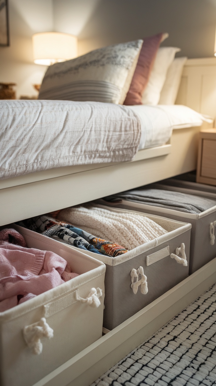 Under-bed storage bins organized with clothing and blankets