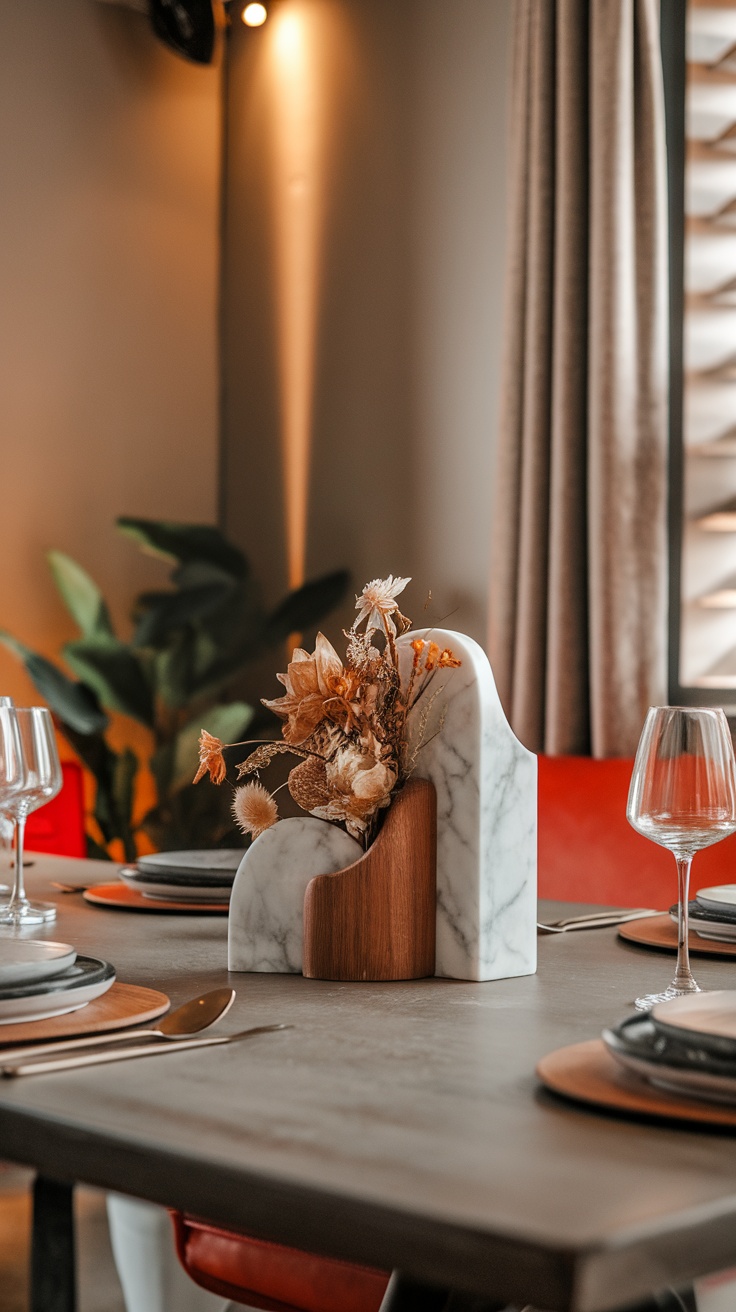 A stylish dining table with a marble and wood centerpiece featuring dried flowers.