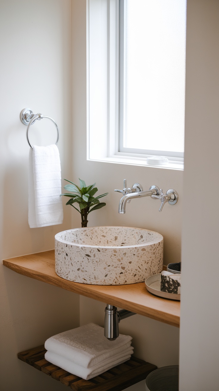A modern bathroom with a terrazzo sink on a wooden shelf, alongside a plant and neatly folded towels.