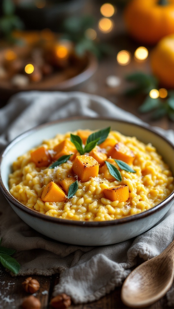 A bowl of creamy butternut squash risotto garnished with sage and roasted squash, in a rustic kitchen setting.