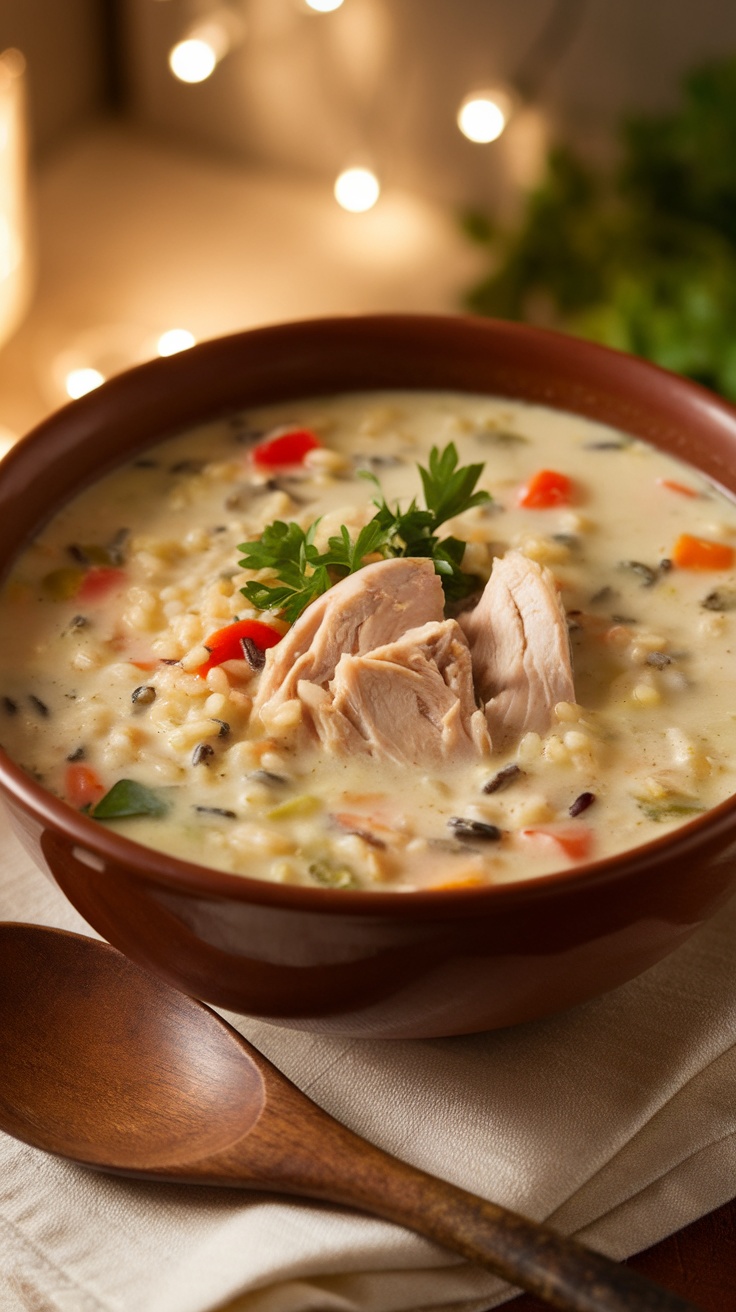 A hearty bowl of creamy chicken and wild rice soup with vegetables and garnished with parsley, set in a cozy kitchen.