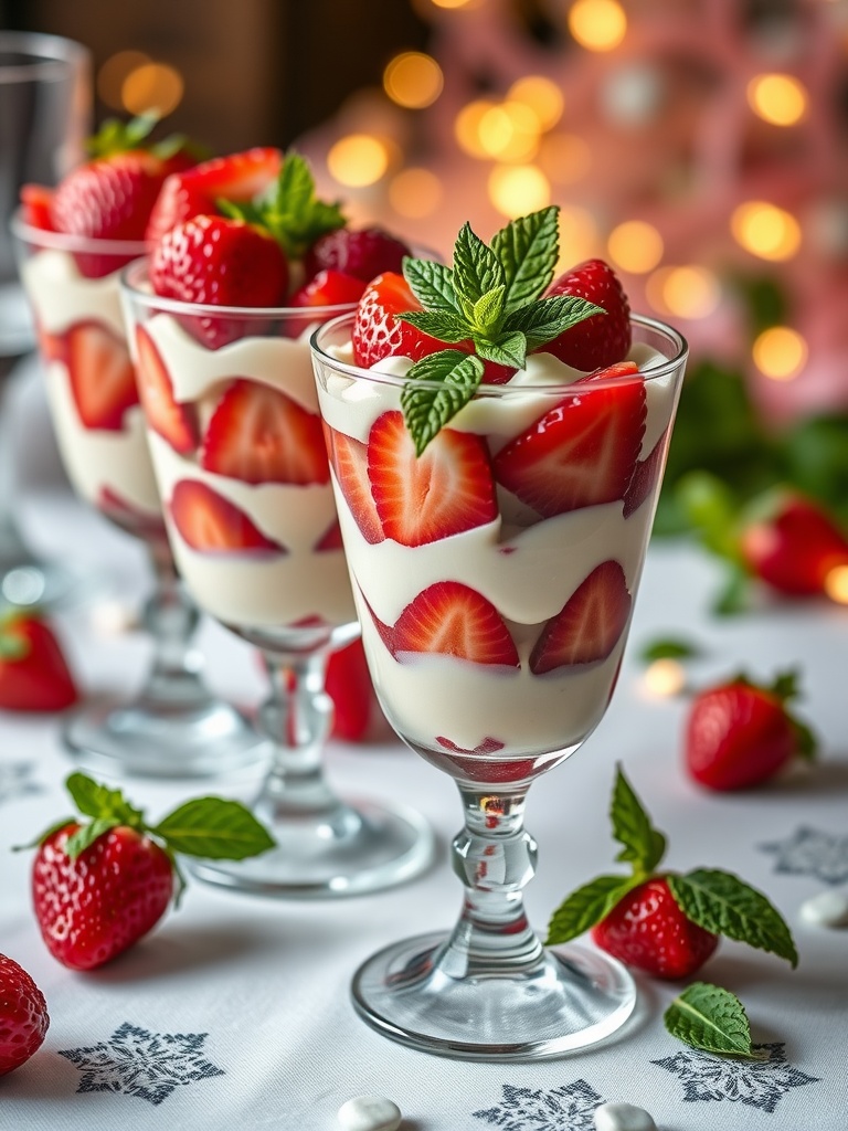 Delicious strawberries and cream parfaits in elegant glasses with fresh strawberries and mint leaves.