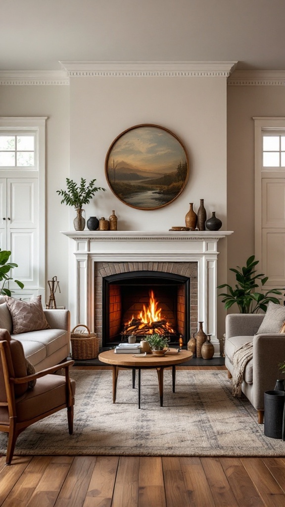 A cozy living room featuring a fireplace, comfortable seating, and warm decor.