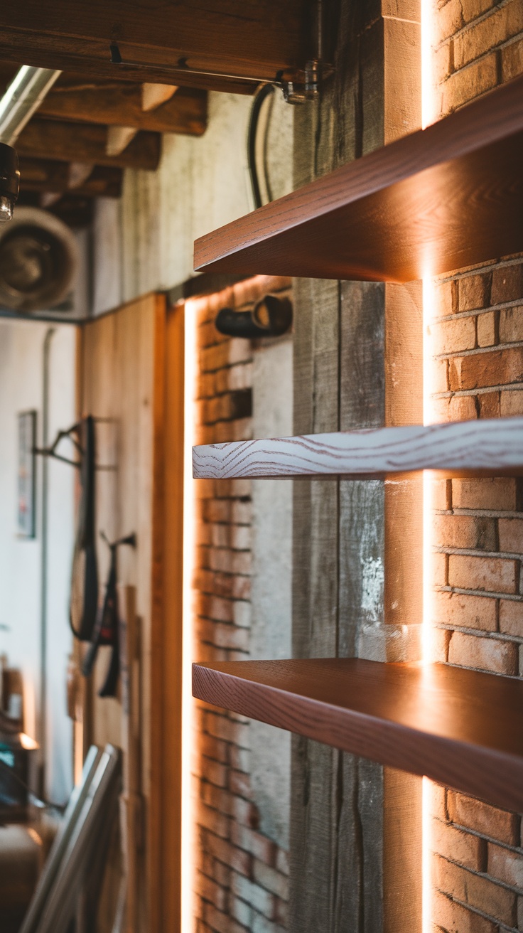 Close-up of floating shelves with a warm wood stain, showing a modern interior with brick wall.