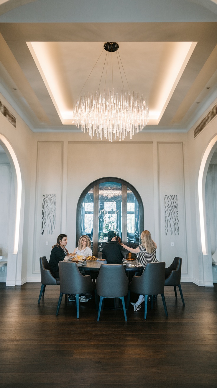 A beautifully designed dining area featuring a large chandelier above a table with several people enjoying a meal.