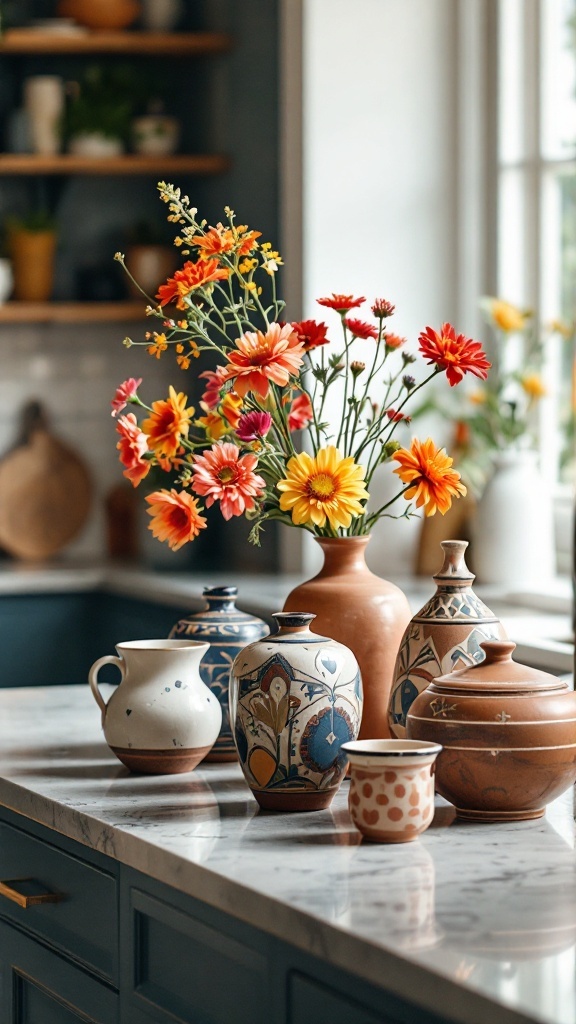 A kitchen countertop decorated with colorful flowers in various ceramic vases.