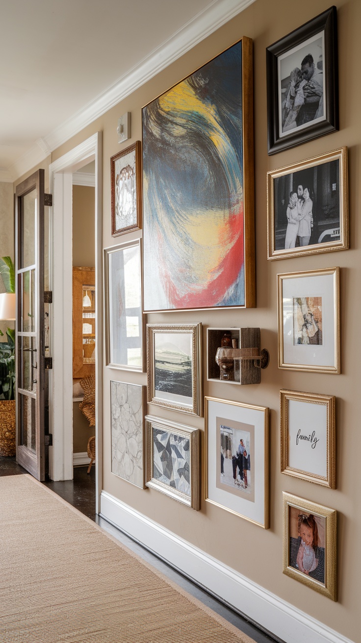 An artistic gallery wall display in an entryway featuring a mix of framed photos and artwork