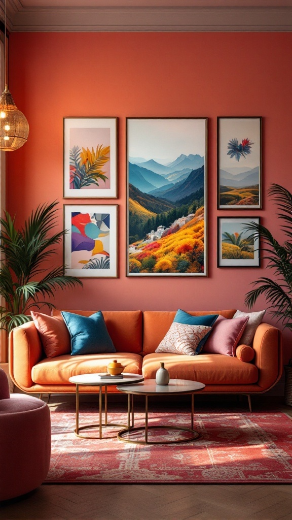 Stylish living room with an orange sofa, colorful artwork on coral walls, and plants