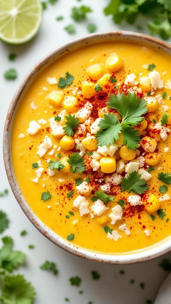 A bowl of Mexican Street Corn Soup topped with corn, cilantro, and cheese