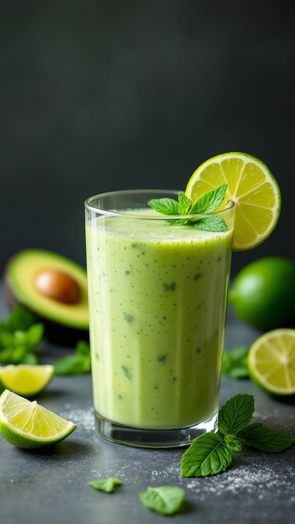 A refreshing avocado mint lime smoothie in a tall glass, garnished with a lime slice and mint leaves, surrounded by fresh ingredients.