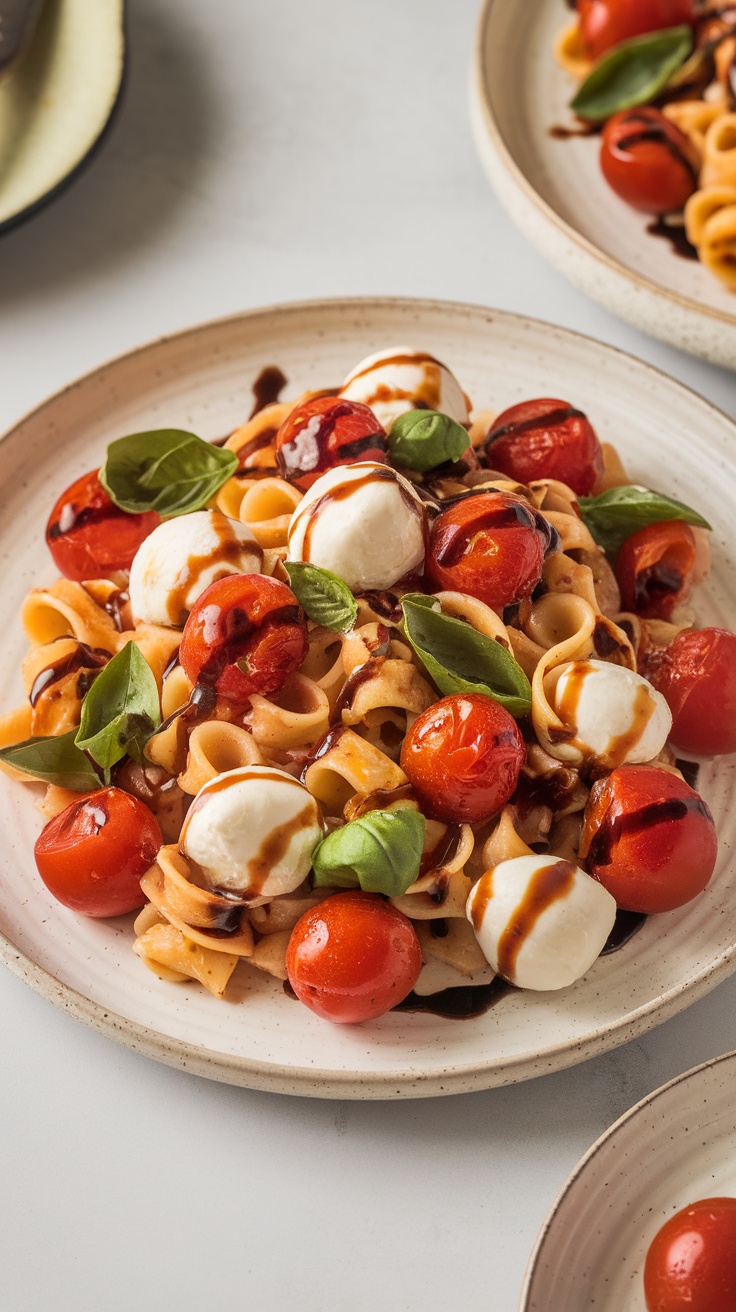 A plate of Balsamic Glazed Caprese Pasta with cherry tomatoes, mozzarella, and fresh basil