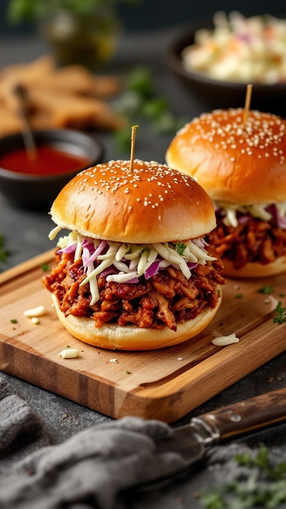 BBQ Pulled Pork Sliders on a wooden board