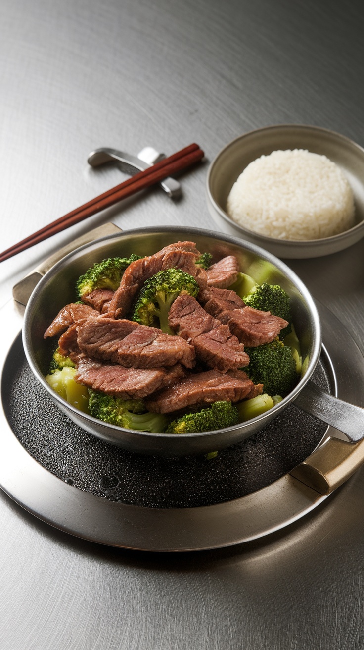 A delicious dish of beef and broccoli stir-fry served with rice.