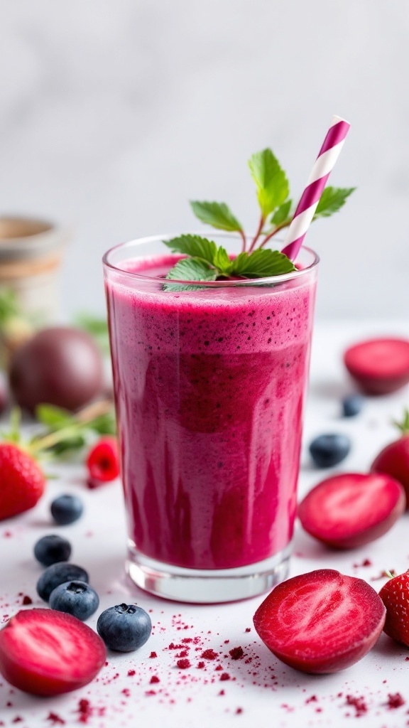 A glass of Beetroot Berry Bliss smoothie with fresh berries and mint leaves.