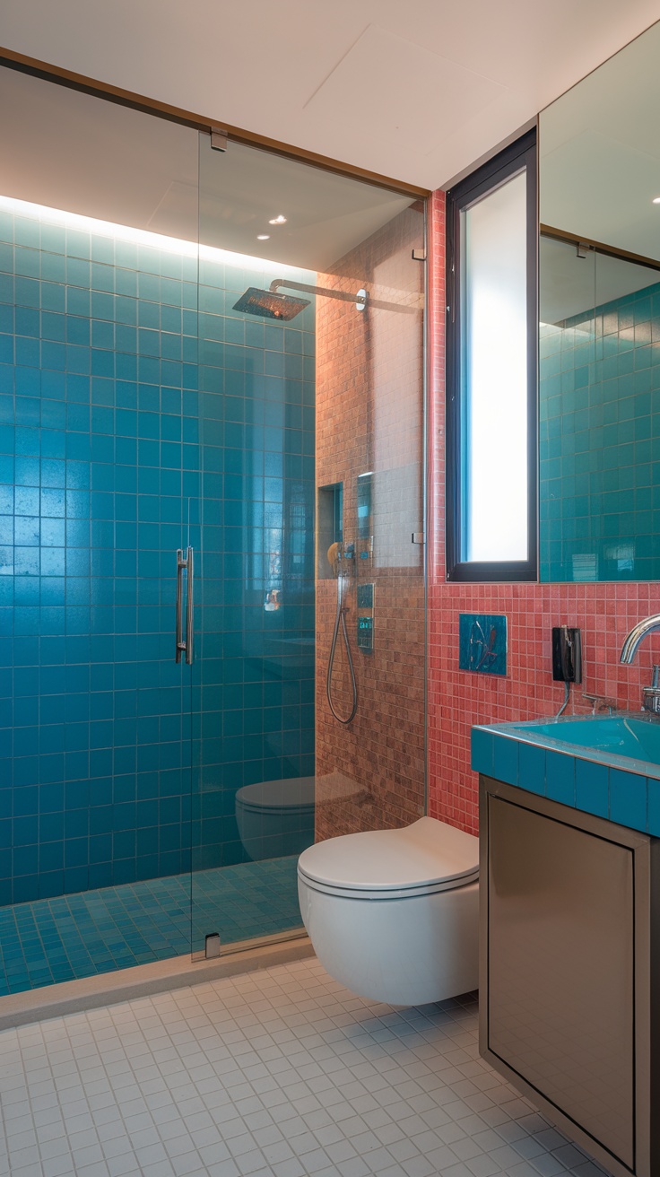 A modern ensuite shower room featuring bold turquoise blue and warm red tiles with a glass enclosure.