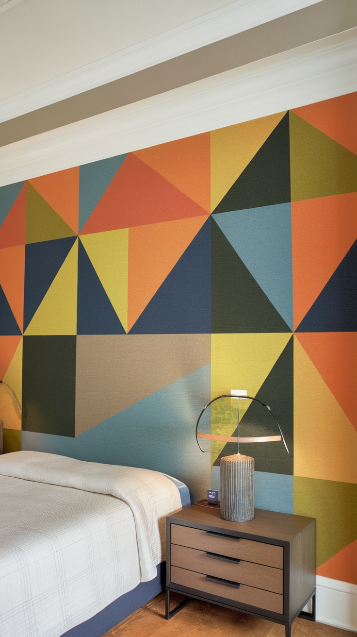 A bedroom featuring a wall with bold geometric patterns in various colors, alongside a simple bedside table and lamp.