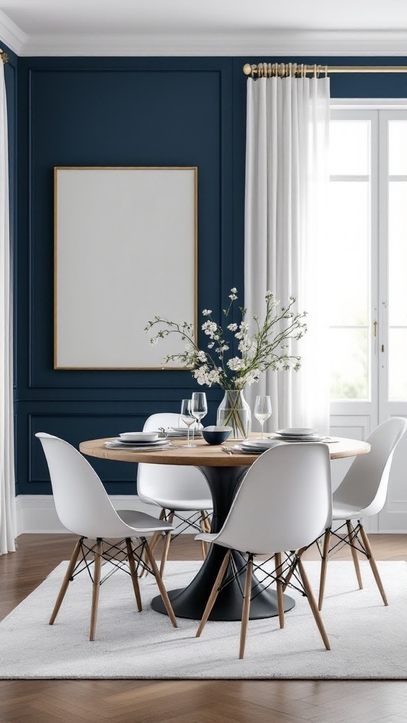 Dining area with navy blue walls, wooden table, white chairs, and floral arrangement