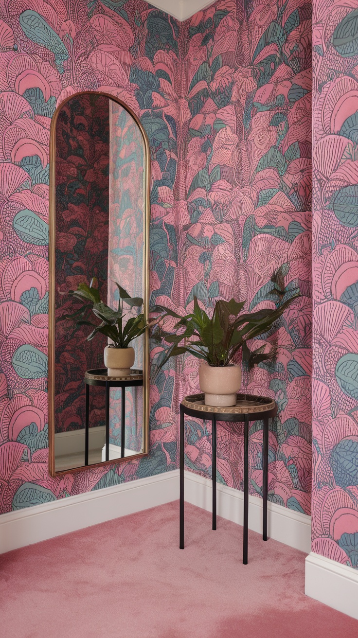 A stylish entryway featuring bold wallpaper in pink and green patterns, a round mirror, a small black table with a plant, and soft pink carpet.