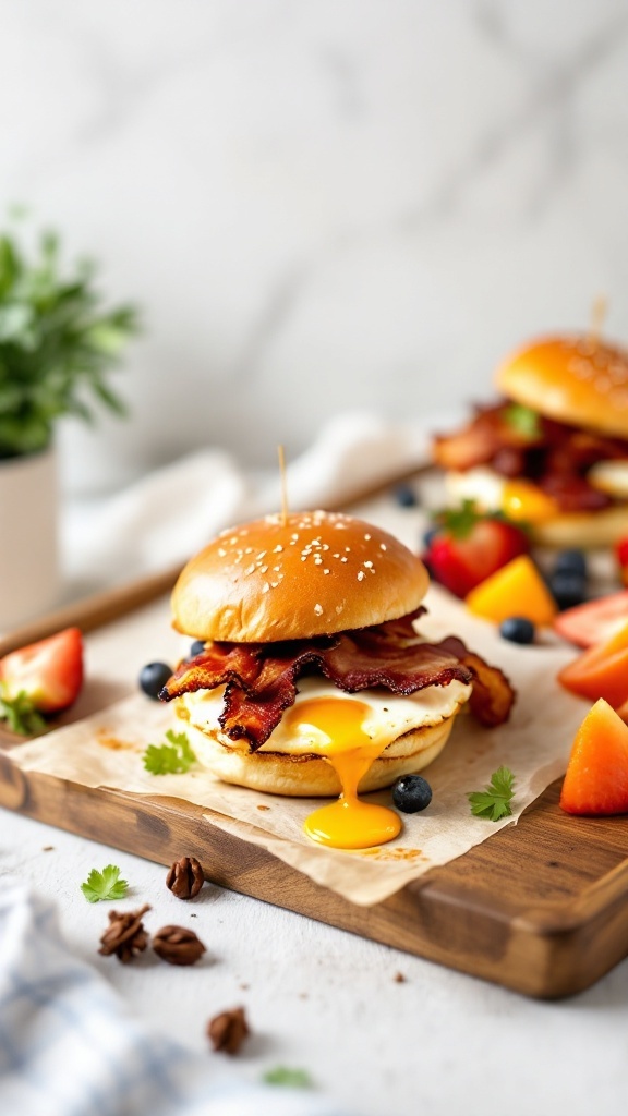 Breakfast sliders with egg and bacon on a wooden platter, garnished with fruits.