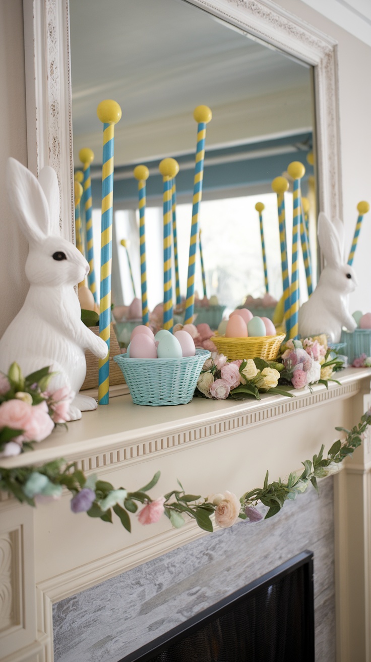 A spring mantel decorated with pastel eggs, white bunnies, floral garland, and colorful poles.