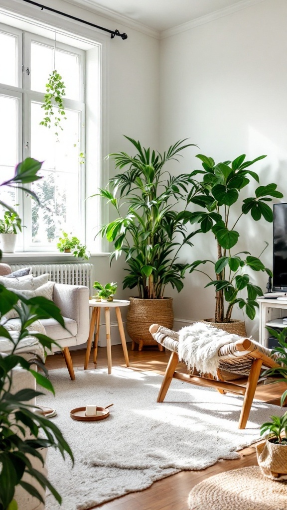 Cozy indoor space filled with various green plants, showcasing a stylish and inviting decor