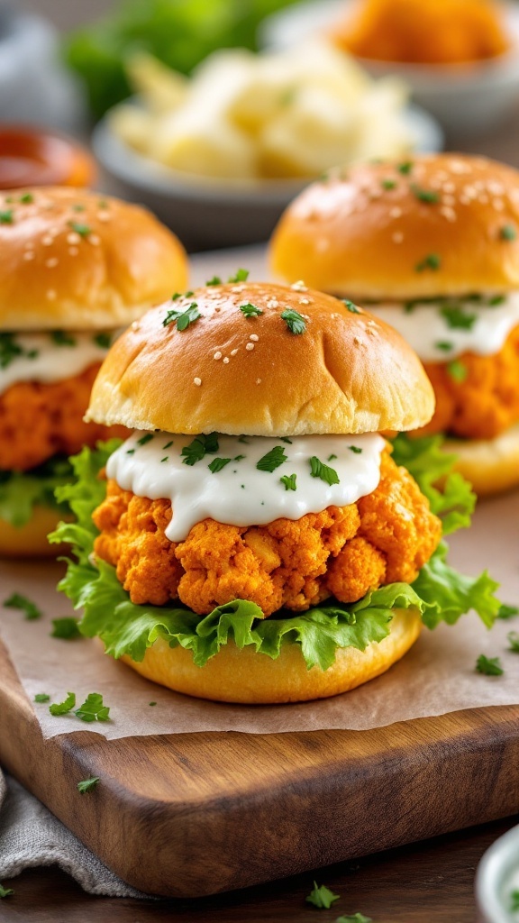 Buffalo Cauliflower Sliders with creamy dressing and lettuce on a wooden board.