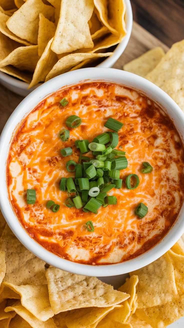 A bowl of Buffalo chicken dip topped with green onions, surrounded by tortilla chips.