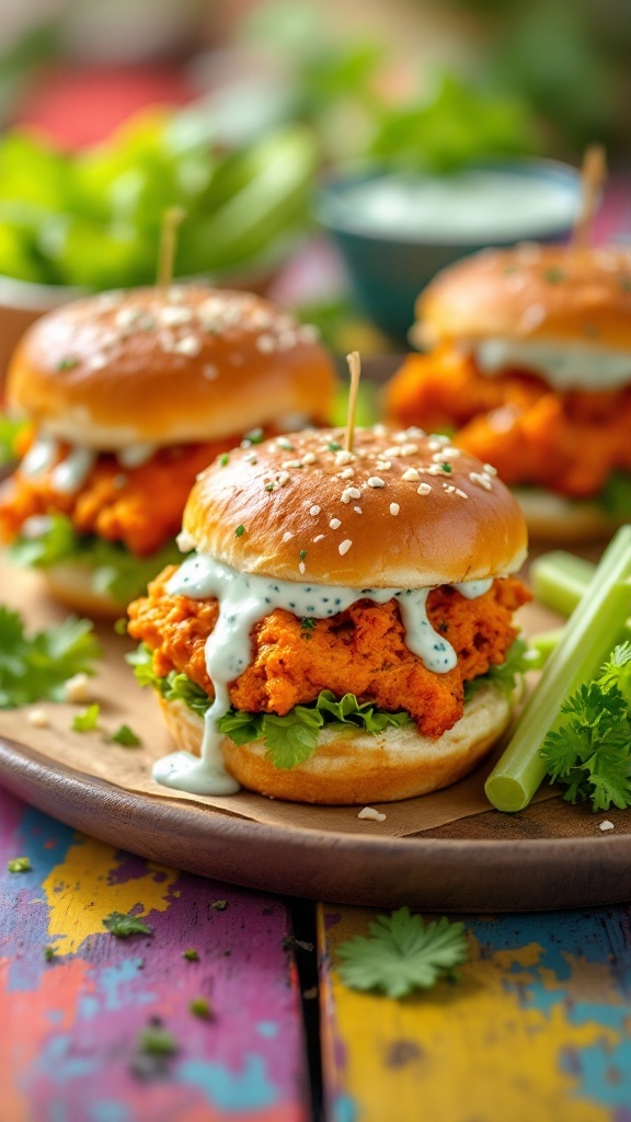 Buffalo chicken sliders with blue cheese dressing drizzled on top, served with celery sticks.