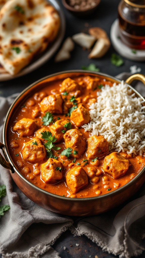 Butter Chicken served with rice and naan on a dark background