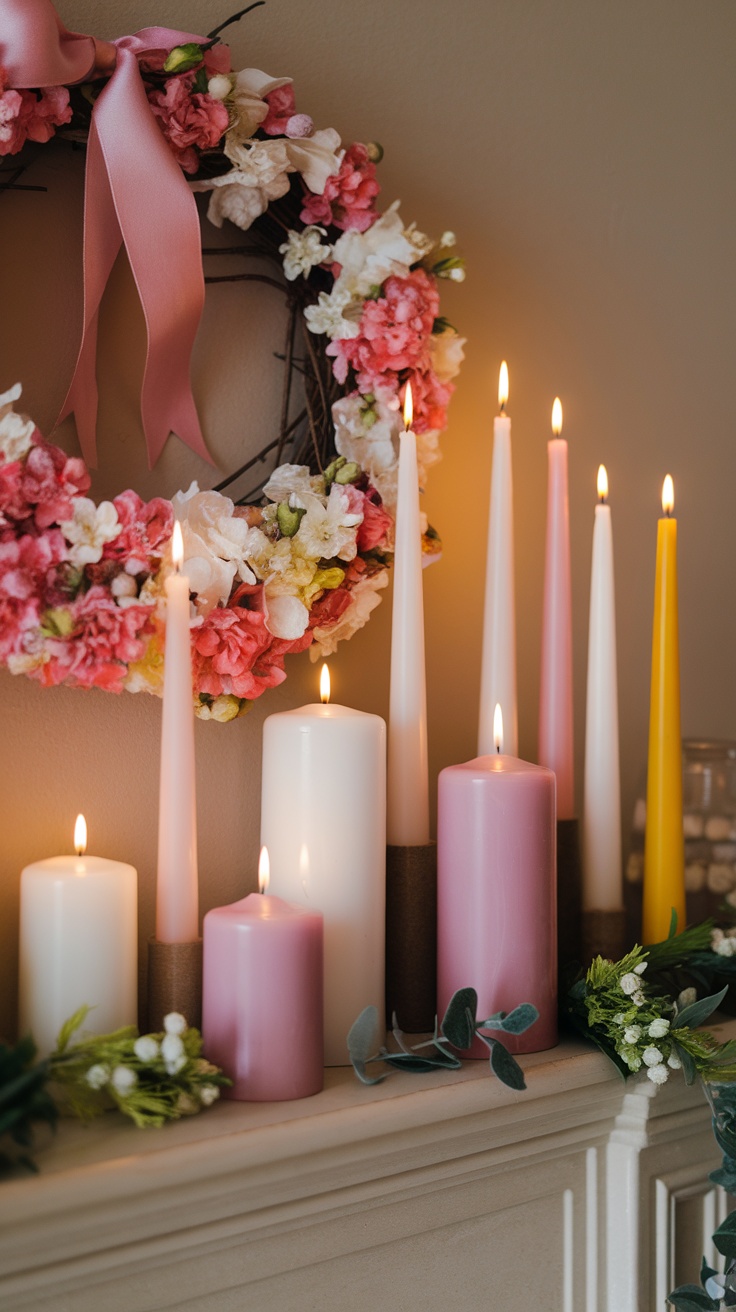 A beautifully decorated mantel featuring pastel-colored candles and a floral wreath, creating a warm ambiance.