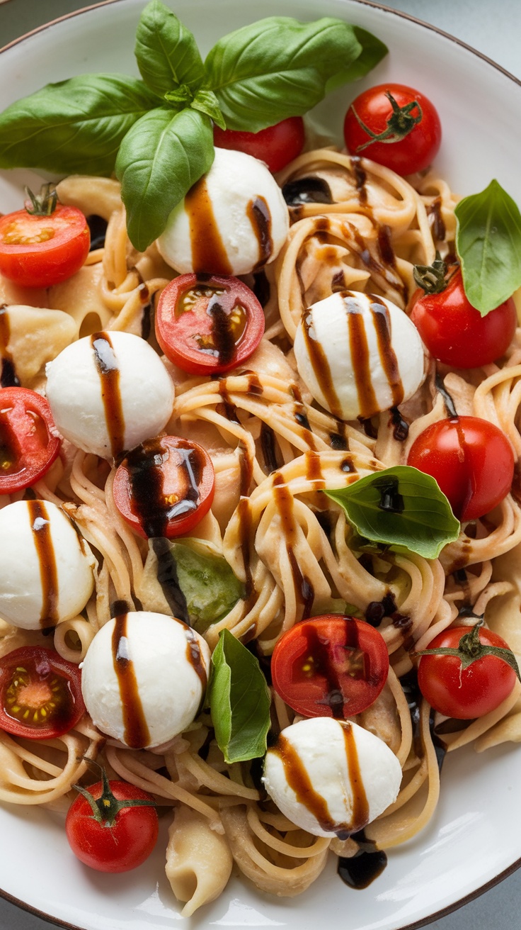 A vibrant bowl of Caprese pasta salad featuring cherry tomatoes, mozzarella balls, fresh basil, and balsamic drizzle.