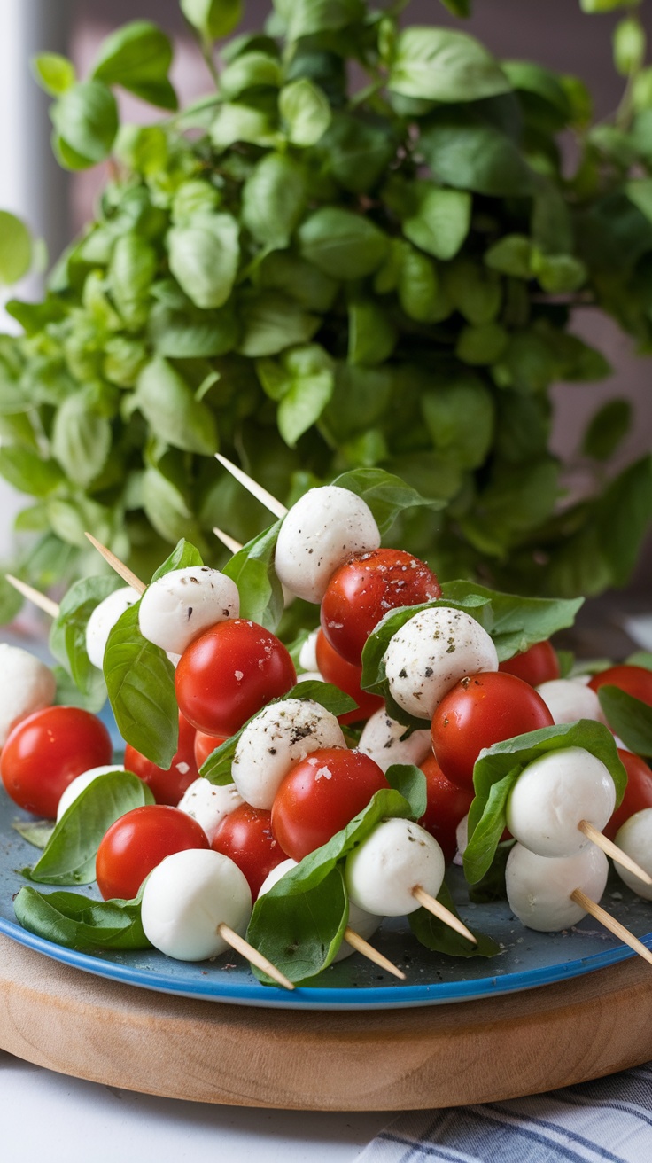 Colorful Caprese salad skewers made with cherry tomatoes, mozzarella balls, and fresh basil