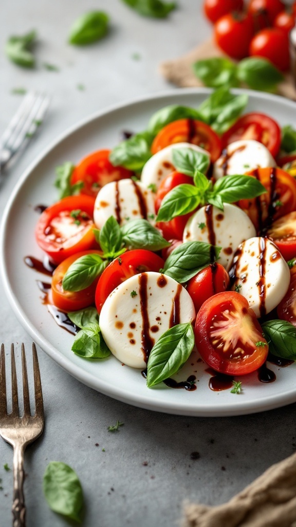 A plate of Caprese salad with tomatoes, mozzarella, basil, and balsamic glaze.