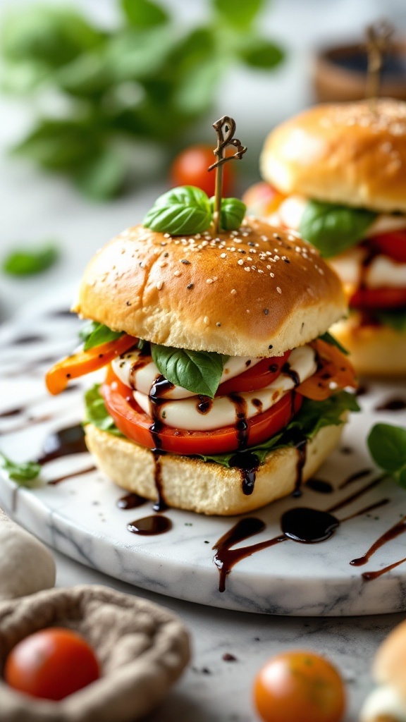 Caprese sliders made with tomatoes, mozzarella, basil, and balsamic glaze.