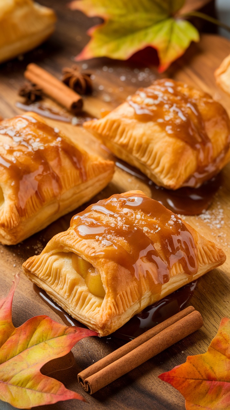 Caramel apple hand pies drizzled with caramel on a rustic table with cinnamon sticks and autumn leaves.