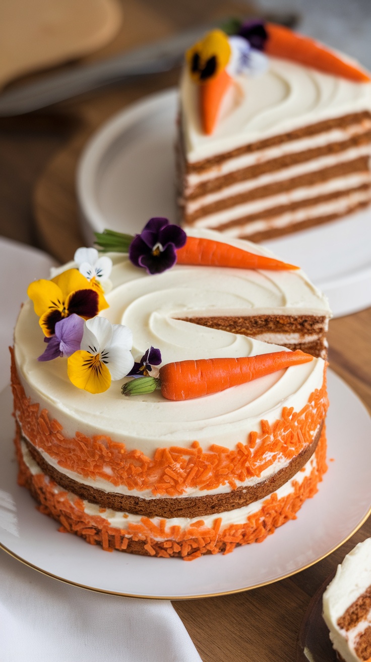 A beautifully decorated carrot cake with cream cheese frosting, topped with mini carrots and edible flowers.