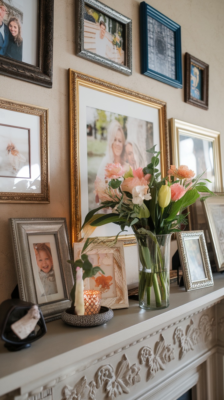 A decorative mantel with various picture frames and fresh flowers