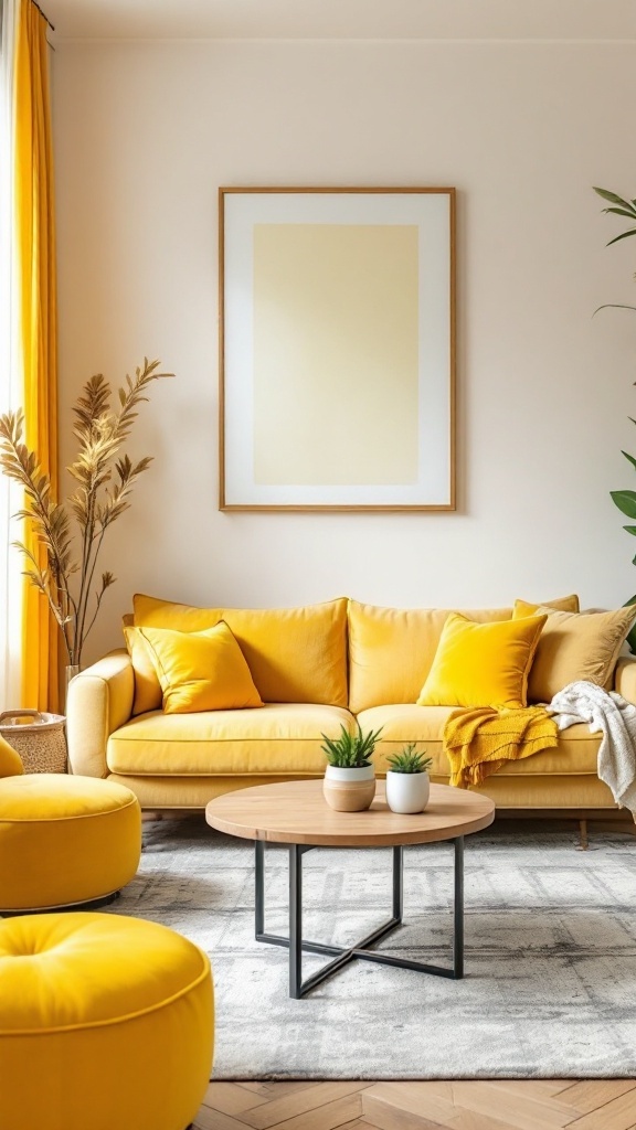 A bright living room with mustard yellow sofa, cushions, and decor, showcasing a warm and inviting atmosphere.