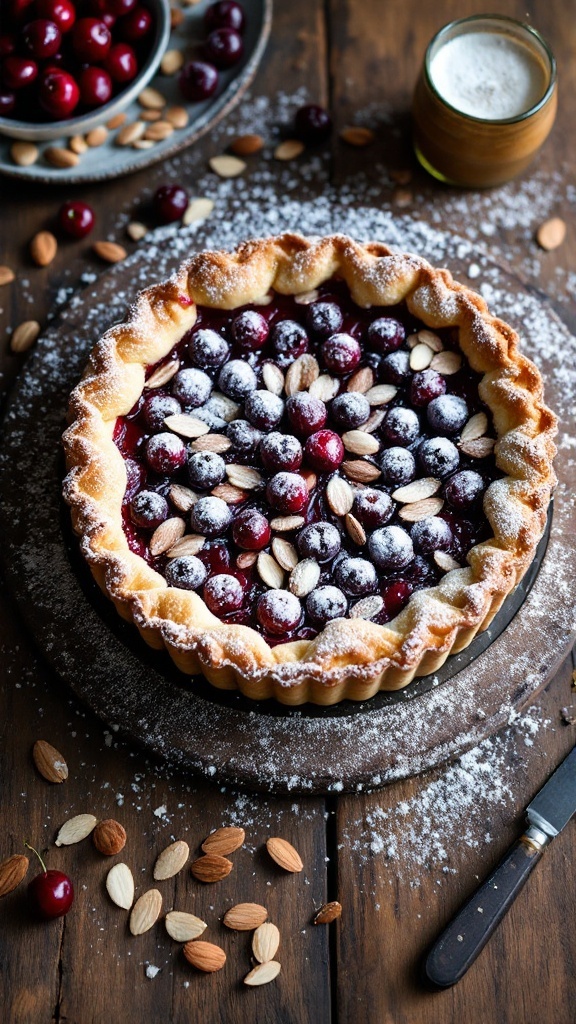 A beautiful cherry almond tart with a flaky crust, topped with fresh cherries and almonds.
