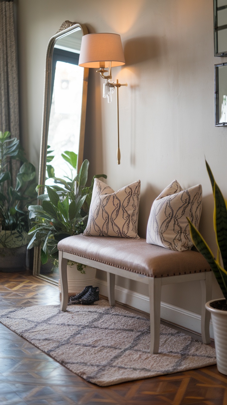 A stylish entryway featuring a chic bench with pillows, a large mirror, and plants.