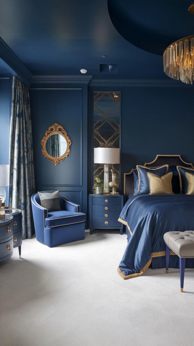 Luxurious bedroom with deep blue walls, gold accents, and elegant decor