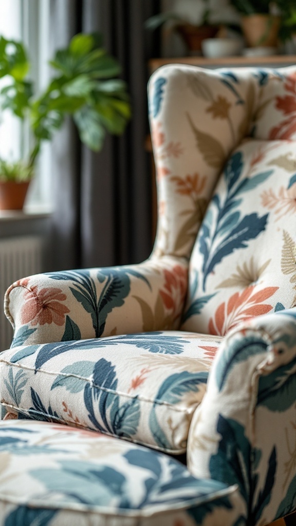 A beautifully upholstered chair with a floral fabric design, showcasing a vibrant pattern in a cozy living space.