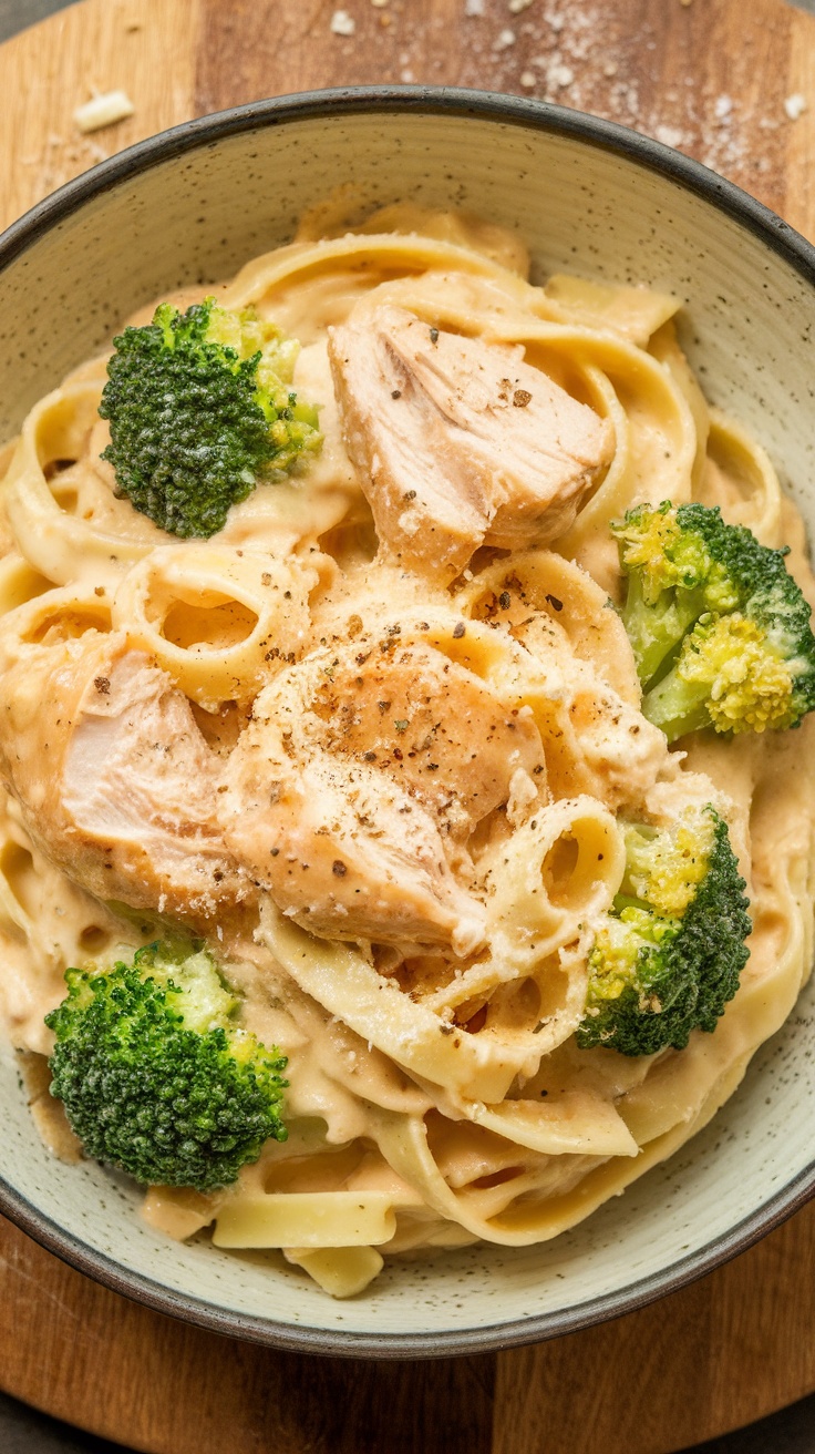 A bowl of Chicken Alfredo with broccoli and fettuccine noodles.